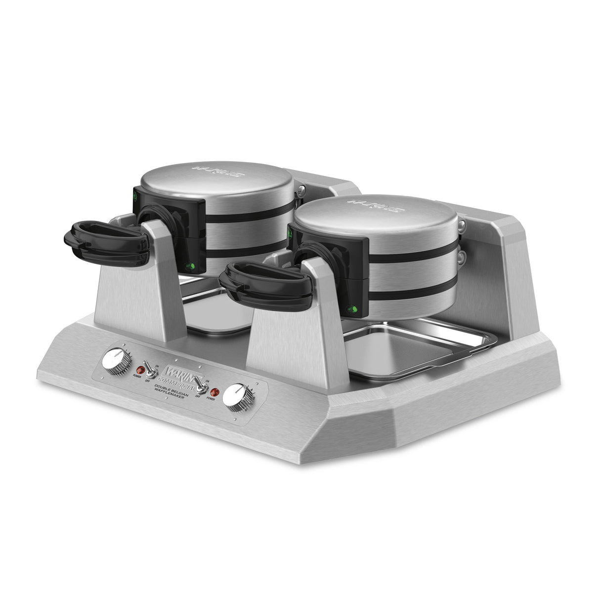 A Commercial Belgian Waffle Maker featuring non-stick plates, independent controls, stainless steel build, two round waffle plates, black handles, indicator lights, and control knobs on a sturdy base. The brand logo is visible on the front.
