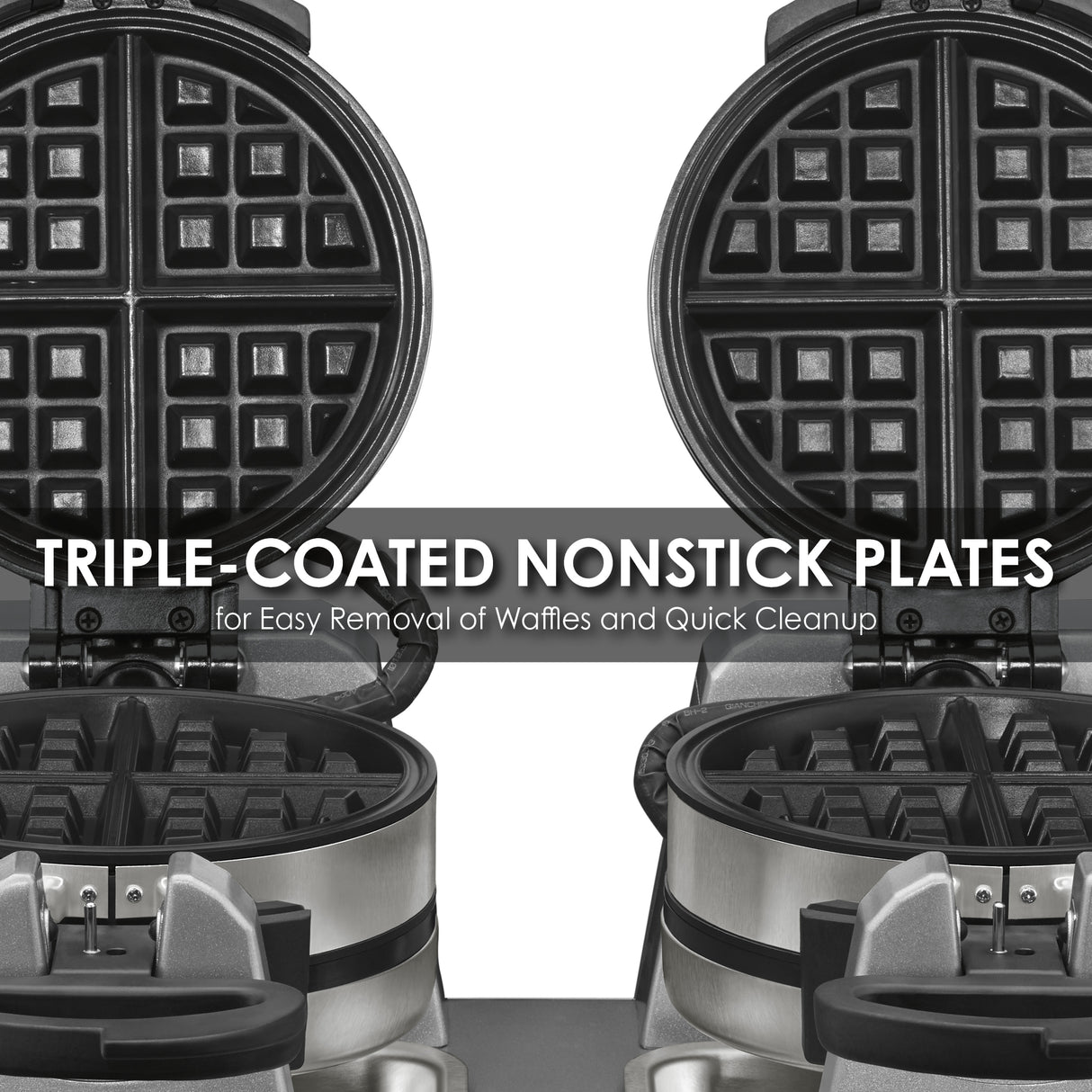 Close-up of two open Commercial Belgian Waffle Makers with triple-coated non-stick plates. The black gridded surfaces are visible, and the text overlay reads: “TRIPLE-COATED NONSTICK PLATES for Easy Removal of Waffles and Quick Cleanup.”.