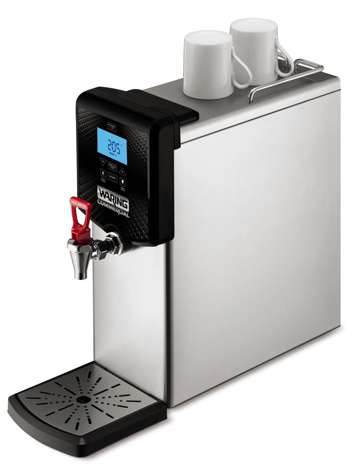 A Waring Commercial 3 gallon capacity countertop hot water dispenser with a black digital control panel, red spout, drip tray, and two white ceramic mugs on top. The display reads 205°F.