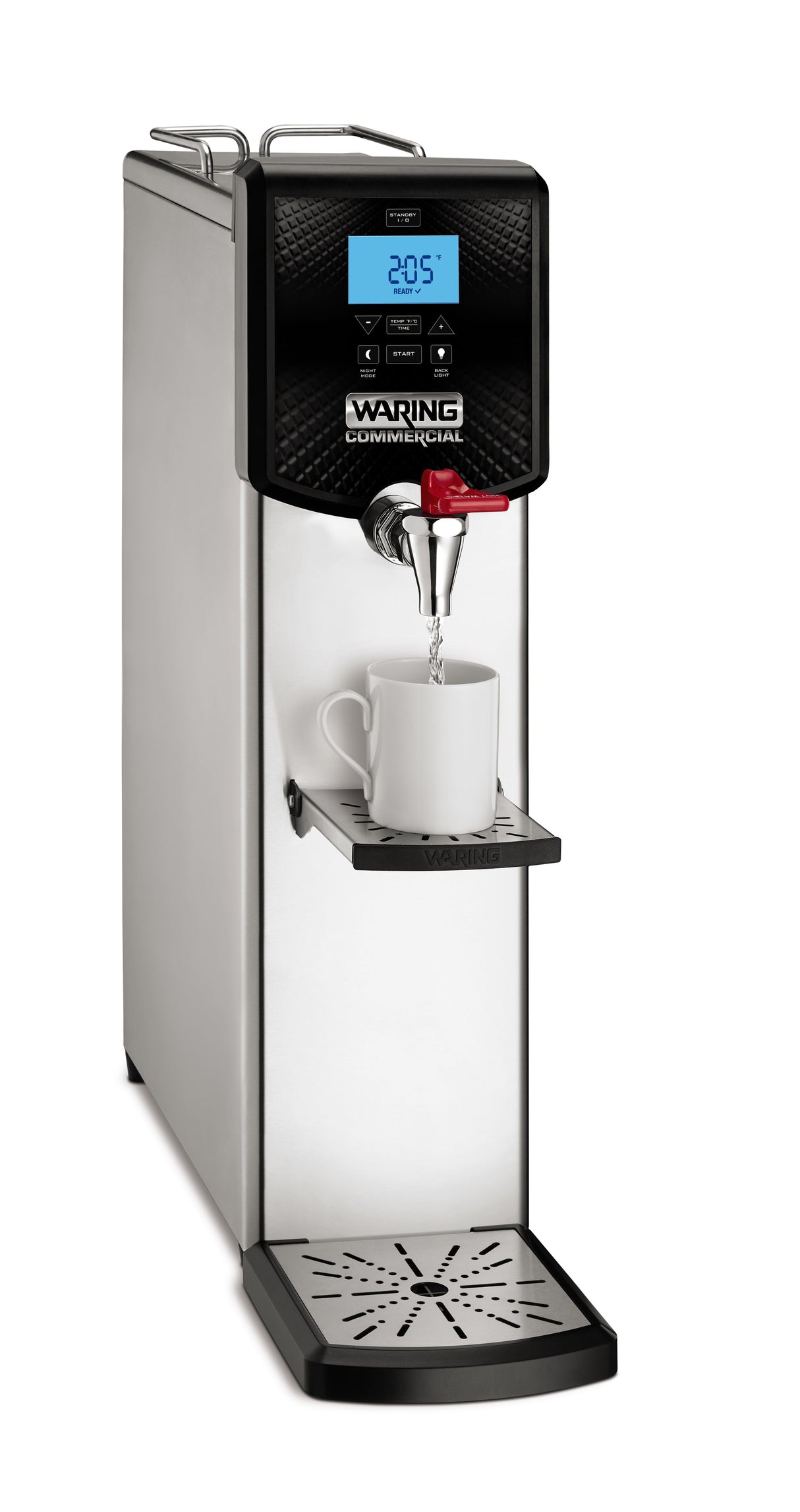 A Waring Commercial Hot Water Dispenser in stainless steel with a digital display shows 205°F. Perfect for countertop use, hot water pours from a red spout into a white mug on a drip tray. The 5 gallon dispenser features a modern design and side handle on top.