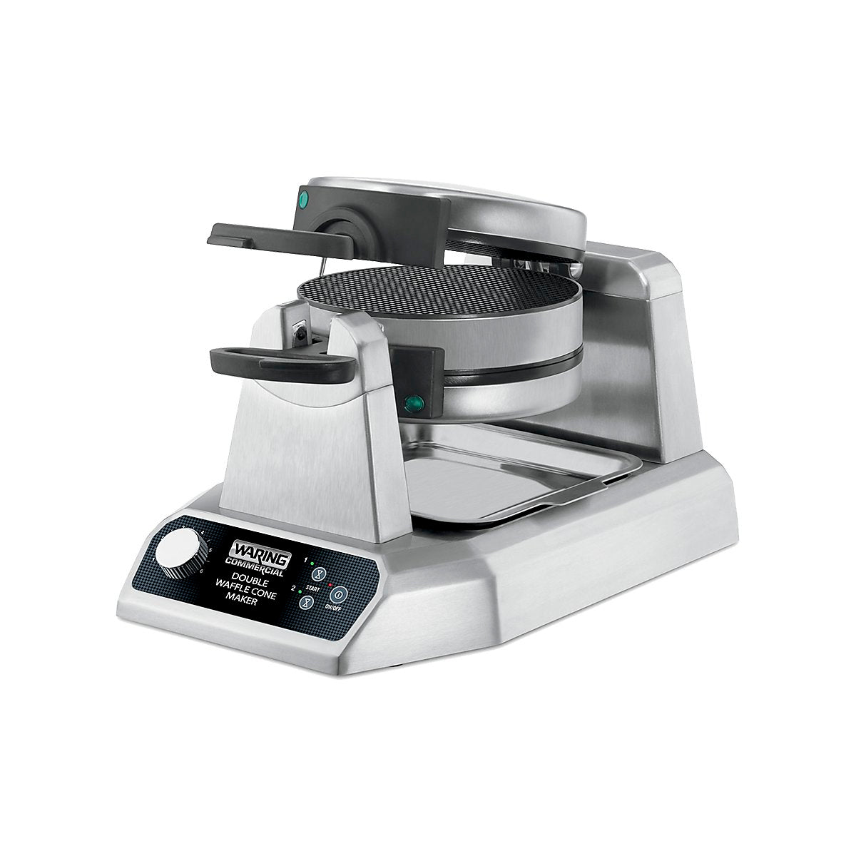 A stainless steel Waring Belgian waffle maker with double non-stick plates, a rotary feature, black handles, and digital controls on the front panel. The round waffle plates are mounted horizontally within the machine against a white background.