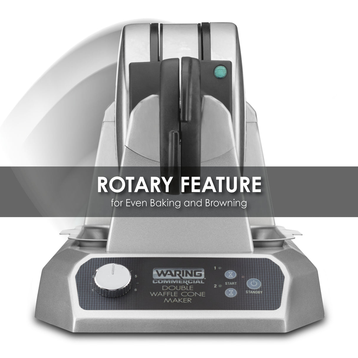 A stainless steel Double Waffle Cone Maker with non-stick plates and a rotary feature for even baking and browning. The front panel displays a control knob, indicator lights, and Waring Commercial Double Waffle Cone Maker text.