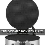 A close-up of a Waffle Cone Maker with double-layered, non-stick plates. The appliance is silver with a black cooking surface. Overlay text reads: “TRIPLE-COATED NONSTICK PLATES for Easy Removal of Waffle Cones and Quick Cleanup.”.