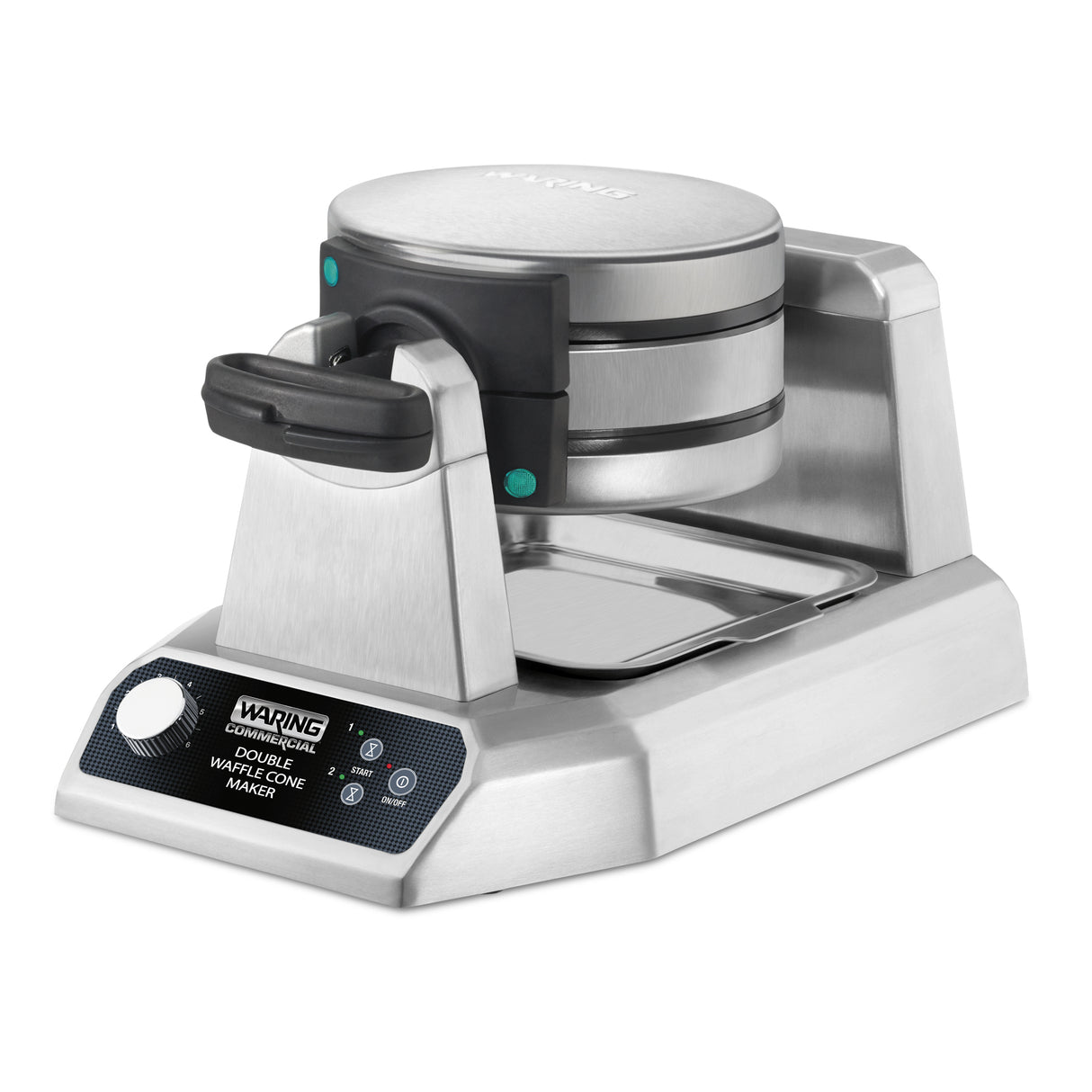 A stainless steel Waring commercial double Waffle Cone Maker with two round non-stick plates, a black handle, control buttons, and indicator lights on a digital front panel. The machine rests on a small metal tray to catch drips.