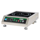 A Commercial Induction Cooker with a stainless steel body and black glass top, featuring a digital control panel, indicator lights, power, timer, temperature controls, and sits on four adjustable round feet—perfect as an electric induction cooker.