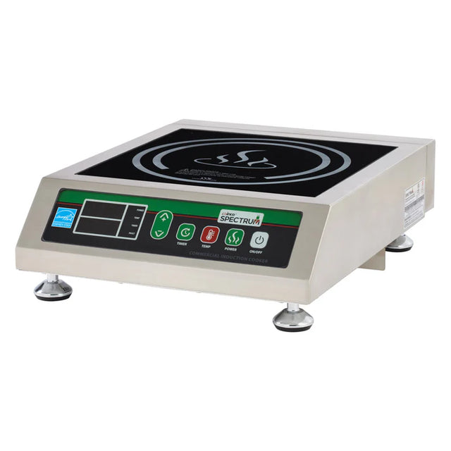 A Commercial Induction Cooker with a stainless steel body and black glass top, featuring a digital control panel, indicator lights, power, timer, temperature controls, and sits on four adjustable round feet—perfect as an electric induction cooker.