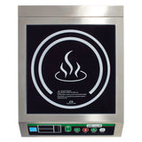 A top-down view of a commercial induction cooker with a stainless steel body, featuring a black surface, circular white markings, and a steaming bowl icon in the center. Control buttons and a digital display are on the front panel.