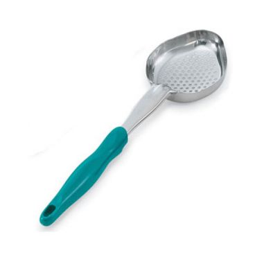 Vollrath 6422655 Stainless Steel Heavy-Duty One-Piece 6 Oz. Perforated Oval Spoodle with Teal Handle