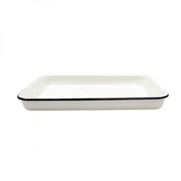Tablecraft 80012 16" x 11 1/2" x 1 1/2" Enamelware Collection Creamy White with Black Rim Rectangular Serving Tray