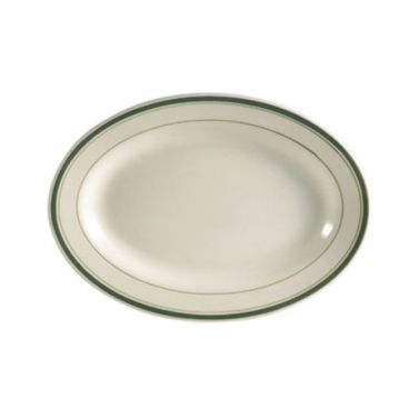 CAC GS-12 10.38" Ceramic Greenbrier Oval Platter with Green Band/American White