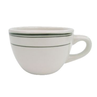 CAC GS-37 7 oz. Ceramic Greenbrier Short Cup with Green Band/American White