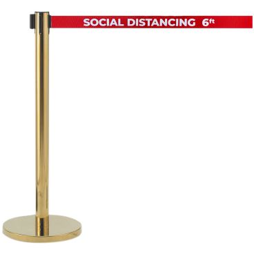 Aarco HB-7PRD Brass 40" "Social Distancing 6ft" Stanchion with 84" Red Retractable Belt