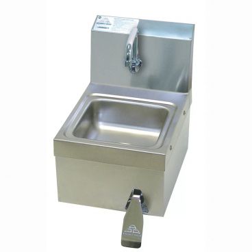 Advance Tabco 7-PS-63 9" L x 9" W 18 Gauge Stainless Steel Wall Mounted Hand Sink with 5" Deep Bowl and 8" Back Splash with Hands-Free Knee Valve Operated Faucet