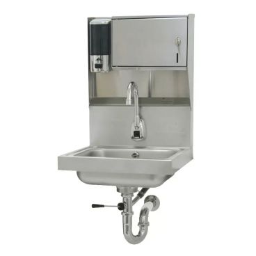 Advance Tabco 7-PS-81 10" L x 14" W 20-Gauge Stainless Steel Wall Mounted Hand Sink with 5" Deep Bowl, Back Splash with Hands-Free Sensor Operated Faucet and Soap and Towel Dispensers