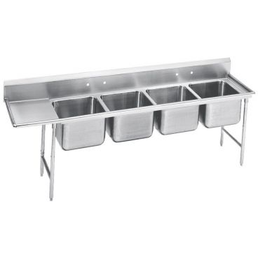 Advance Tabco 9-64-72-24L Four Compartment 109" Wide Regaline Sink With 24" Left Side Drainboard, Super Saver 900 Series