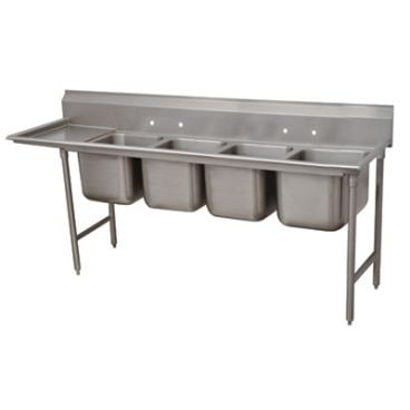Advance Tabco 9-84-80-24L Four Compartment 117" Wide Regaline Sink With 24" Left Side Drainboard, Super Saver 900 Series