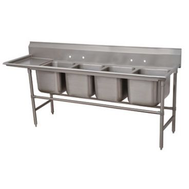 Advance Tabco 94-24-80-18L Four Compartment 111" Wide Regaline Sink With 18" Left Side Drainboard, Spec-Line 940 Series