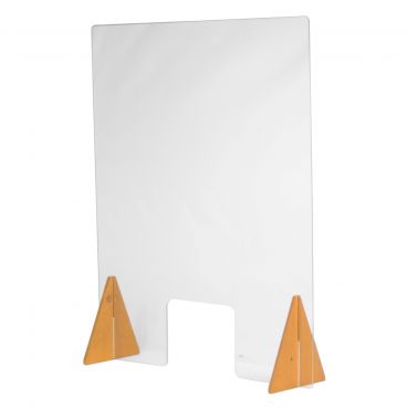 Cal-Mil 22137-31-99 Madera Freestanding Clear 40" High x 31 3/4" Wide Plastic Barrier with Window, 2 Wood Triangle Base Feet and 1 Shield