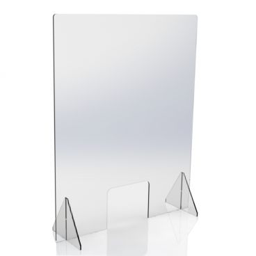 Cal-Mil 22137-31 Freestanding Clear 40" High 31 3/4" Wide Acrylic Protective Safety Counter Shield With POS Cutout Window And 2 Triangle Base Feet