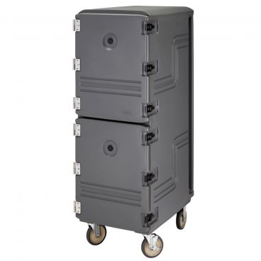Cambro 1826DBC615 Charcoal Gray 21 1/2" Wide Double-Compartment Camcart Insulated Polyethylene Cart For 18" x 26" Food Storage Boxes With 6" Casters