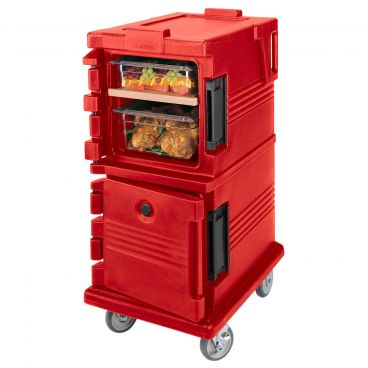 Cambro UPC600158 Hot Red 8 Pan Ultra Camcart Series 20 1/2" Wide 45" High Mobile Front-Loading Insulated Polyethylene Food Pan Carrier Cart With 5" Casters