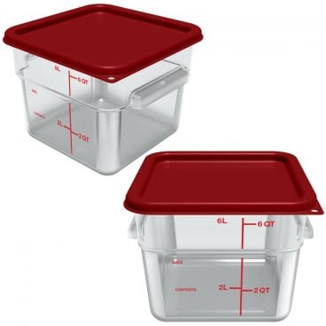 Carlisle 11952-207 Squares Food Storage Containers Clear Polycarbonate with Red Print, With Red Lids - 6 Quart Capacity