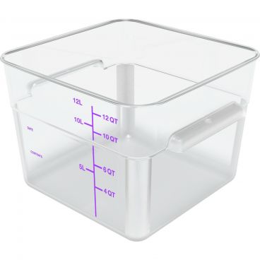 Carlisle 11954AF07 Squares Clear Polycarbonate Food Storage Container with Purple Print - 12 Quart Capacity
