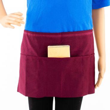 Chef Approved 167605WAFHBU Burgundy 12" x 24" Poly-Cotton Front Of House Waist Apron With 3 Pockets