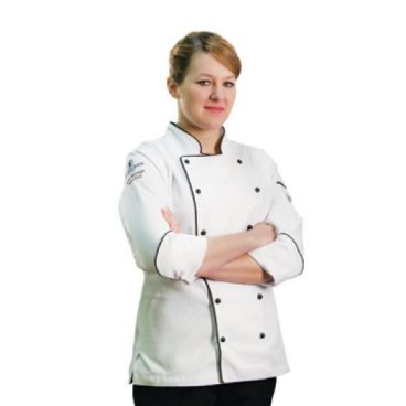 Chef Revival LJ044-M Medium White Chef-tex Breeze Poly Cotton Ladies Brigade Chef's Jacket/Black Piping