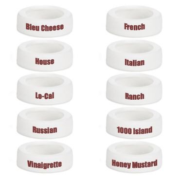 Tablecraft CM12 10 Piece Imprinted White Plastic Salad Dressing Dispenser Collar Set with Maroon Lettering