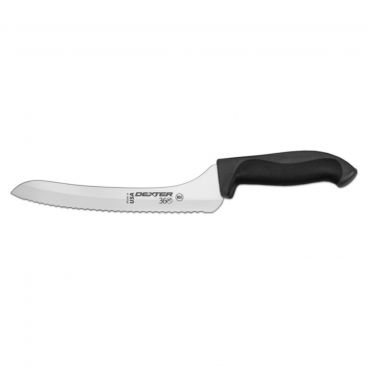 Dexter 360™ S360-9SC-PCP 36008 9" DEXSTEEL™ High Carbon Steel Scalloped Offset Slicing Knife with Black Polypropylene / Santoprene Handle