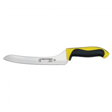 Dexter 360™ S360-9SCY-PCP 36008Y 9" DEXSTEEL™ High Carbon Steel Scalloped Offset Slicing Knife with Yellow Polypropylene / Santoprene Handle