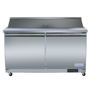Empura E-KSP60 61.2" Stainless Steel Sandwich/Salad Table Refrigerator With 2 Solid Doors, 16 Pans And 11" Cutting Board - 15.5 Cu Ft, 115 Volts