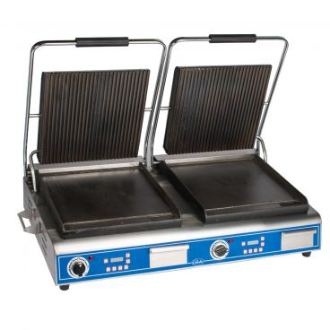 Globe GPGSDUE14D Cast Iron Grooved Top And Smooth Bottom Deluxe Double Panini Sandwich Grill - 208-240V / 5400/7200W