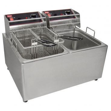 Cecilware EL2X15 21 3/4" Electric Commercial Countertop Stainless Steel Split Pot Deep Fryer With Two 15 lb Capacity Fry Tanks, 120V, 1800W
