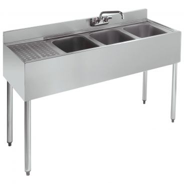 Krowne 18-43R 1800 Series 48" Wide Bar Sink Unit With Wall Mount Faucet, 12" Left Side Drainboard, 3 Compartments