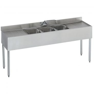 Krowne 18-63C 1800 Series 72" Wide Bar Sink Unit With Wall Mount Faucet, 18" Left And Right Drainboards, 3 Compartments