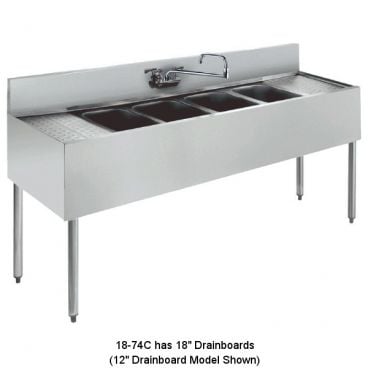 Krowne 18-74C 1800 Series 84" Wide Bar Sink Unit With Wall Mount Faucet, 18" Left And Right Drainboards, 4 Compartments