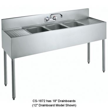 Krowne CS-1872 72" Wide Convenience Store Sink With Wall Mount Faucet, Low Lead Spout, 18" Left And Right Drainboards, 3 Compartments