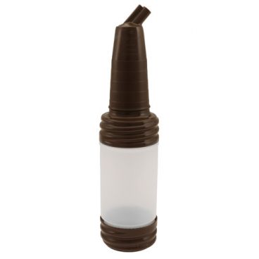Tablecraft N32BR PourMaster 1 Qt. Plastic Bottle with Brown Long Neck Top and StorMaster Cap