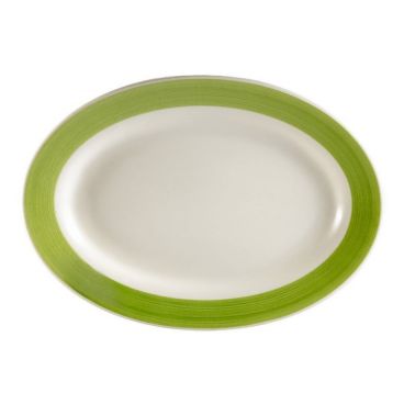 CAC R-12-G 10.38" x 7.13" x 1.25" Green Stoneware Oval Rolled Edge Rainbow Platter