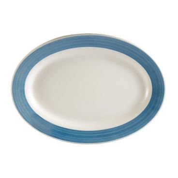 CAC R-13-BLU 11.5" x 8.25" x 1.25" Blue Stoneware Oval Rolled Edge Rainbow Platter