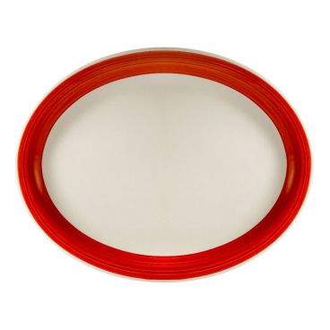 CAC R-13NR-R 11.5" x 9" x 1.25" Red Stoneware Oval Narrow Rim Rainbow Platter