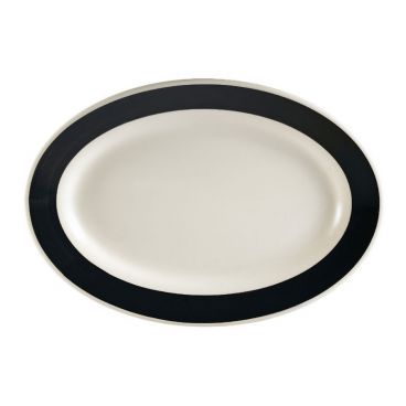CAC R-14-BLK 12.5" x 8.63" x 1.5" Black Stoneware Oval Rolled Edge Rainbow Platter