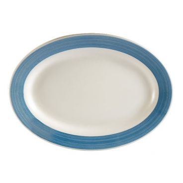 CAC R-14-BLU 12.5" x 8.63" x 1.5" Blue Stoneware Oval Rolled Edge Rainbow Platter