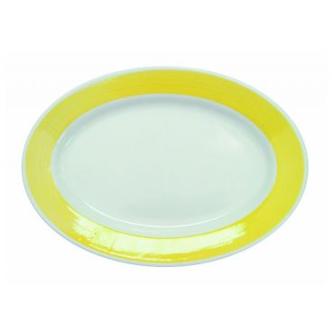 CAC R-14-Y 12.5" x 8.63" x 1.5" Yellow Stoneware Oval Rolled Edge Rainbow Platter