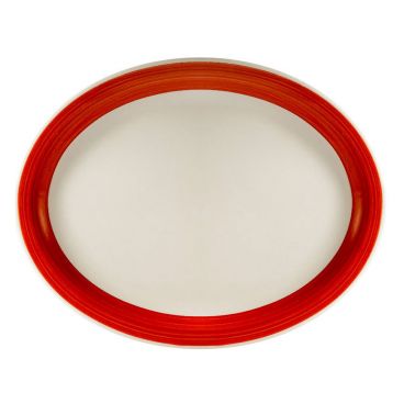 CAC R-14NR-R 13.5" x 10.13" x 1.5" Red Stoneware Oval Narrow Rim Rainbow Platter