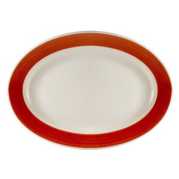 CAC R-34-R 9.38" x 6.25" x .75" Red Stoneware Oval Rolled Edge Rainbow Platter