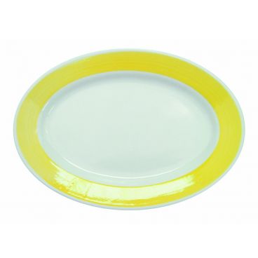 CAC R-34-Y 9.38" x 6.25" x .75" Yellow Stoneware Oval Rolled Edge Rainbow Platter