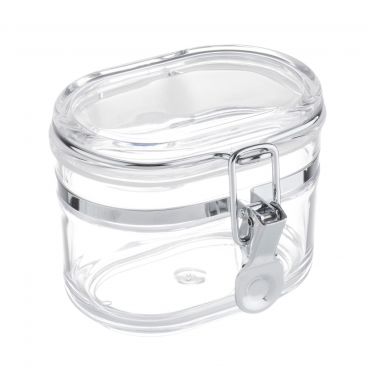 Tablecraft 10113 12 oz Clear Plastic Oval Jar with Stainless Steel Hinge Lock
